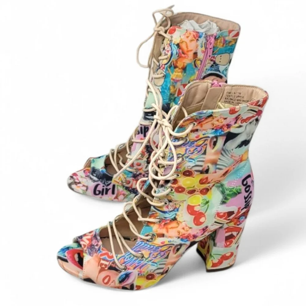 Chase + Chloe Emelia Graffiti Open Toe Lace Up Ankle Boot Heels